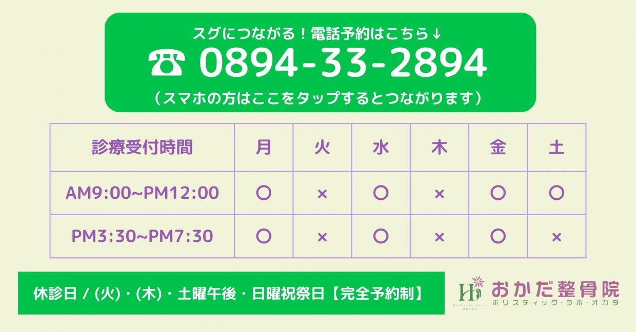 電話予約はこちら　愛媛県西予市　おかだ整骨院・整体院　捻挫、肉離れ、オスグッドなどスポーツ障害ならお任せください。腰痛、肩凝り、自律神経治療もご相談ください。交通事故治療専門院。