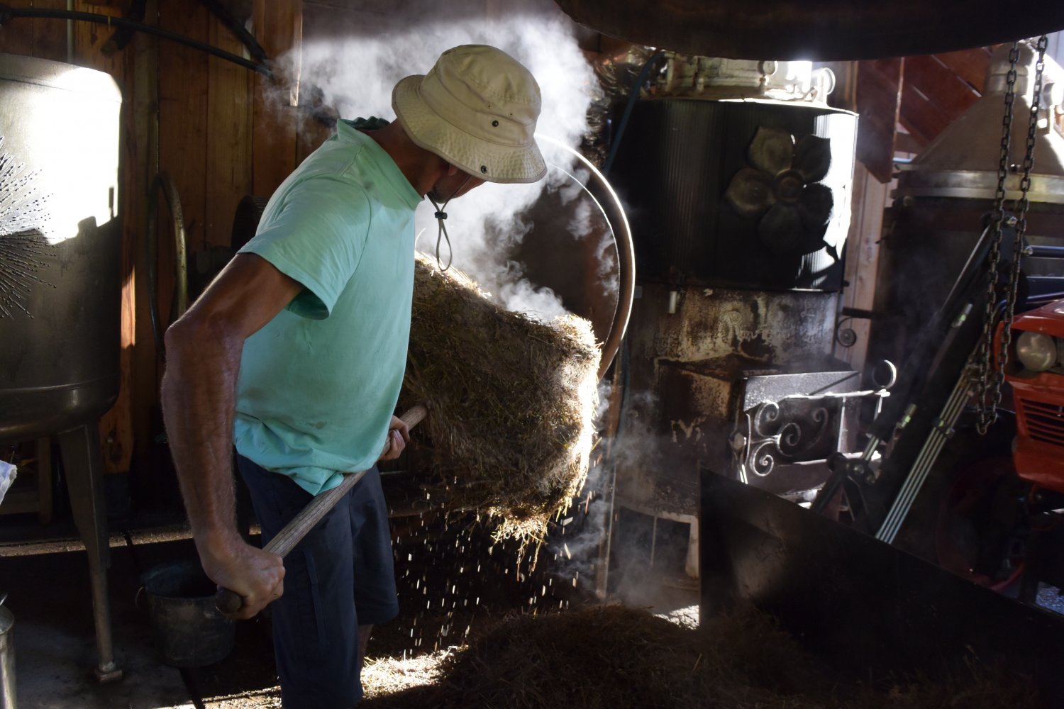 蒸留を終えたラベンダーを取り出す作業