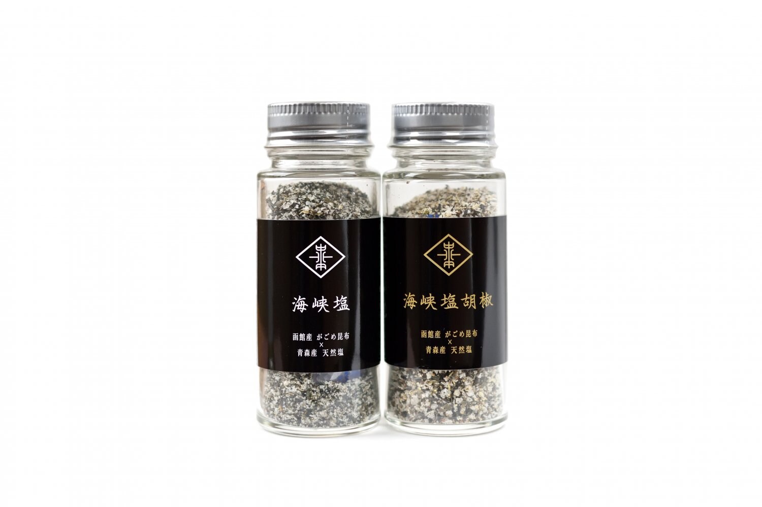 北海道函館がごめ昆布専門店の海峡塩と海峡塩胡椒。しおむすび、てんぷら、刺身、からあげ、おいしい塩、ミネラル、医食同源、SEDs 昆布 ネバネバパワー 免疫力アップ 健康 無添加 アレルギーフリー