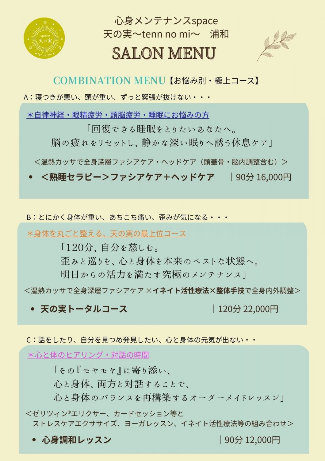 天の実サロンメニュー＜コンビネーションメニュー＞