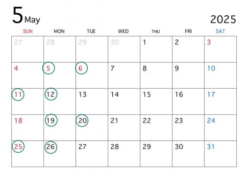 5月の定休日になります。