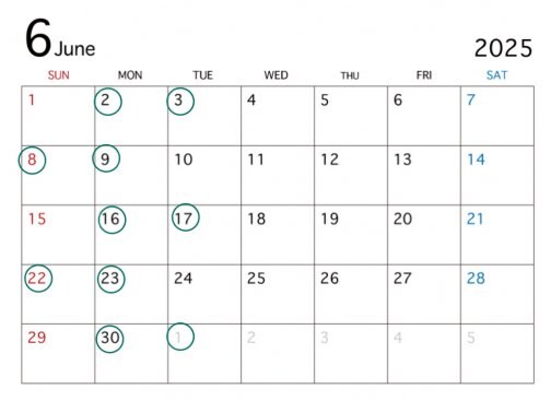6月の定休日になります。