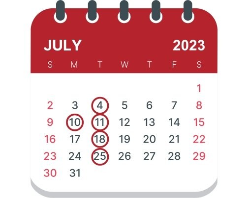 ７月のスケジュール（赤丸が定休日）