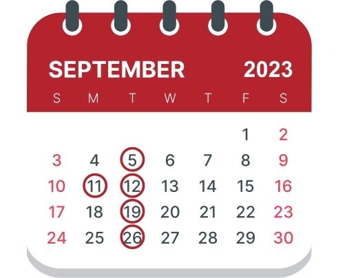 ９月のスケジュール（赤丸が定休日）