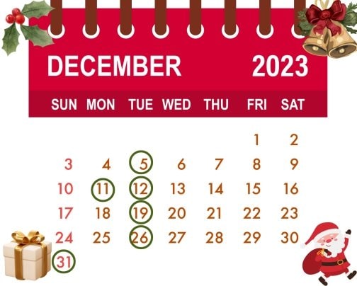 １２月のスケジュール(丸の日が休日)