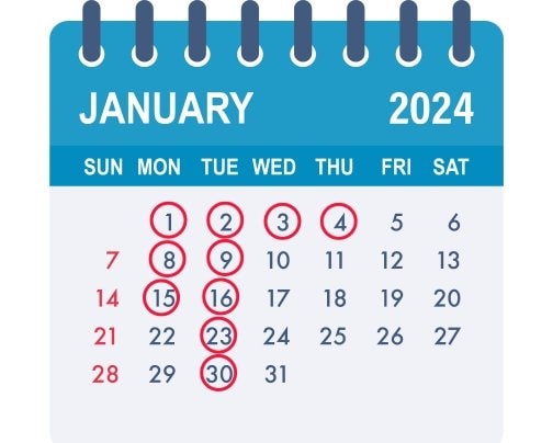 １月のスケジュール（赤丸が定休日）