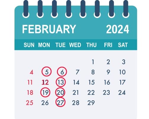 2月のスケジュール（赤丸が定休日）