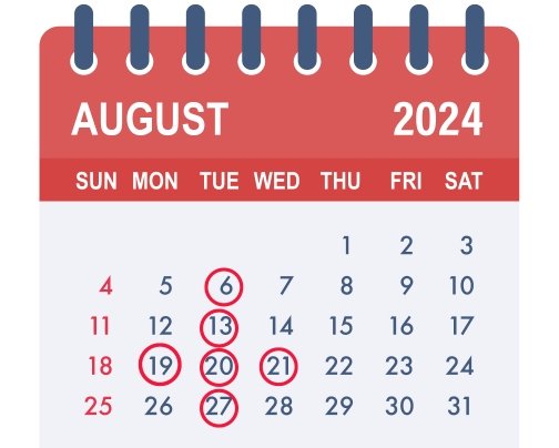 ８月のスケジュール（赤丸が休み）