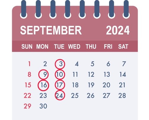 9月のスケジュール（赤丸が休み）