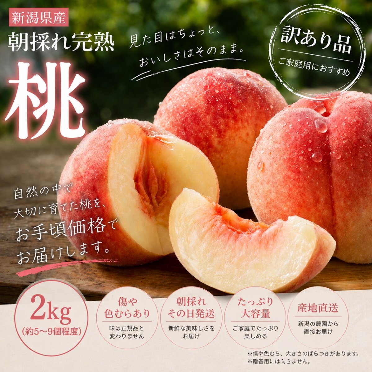 【ご家庭用】2kg(約5~9個入)新潟県産 朝採れ完熟桃訳あり(キズ・色むら)