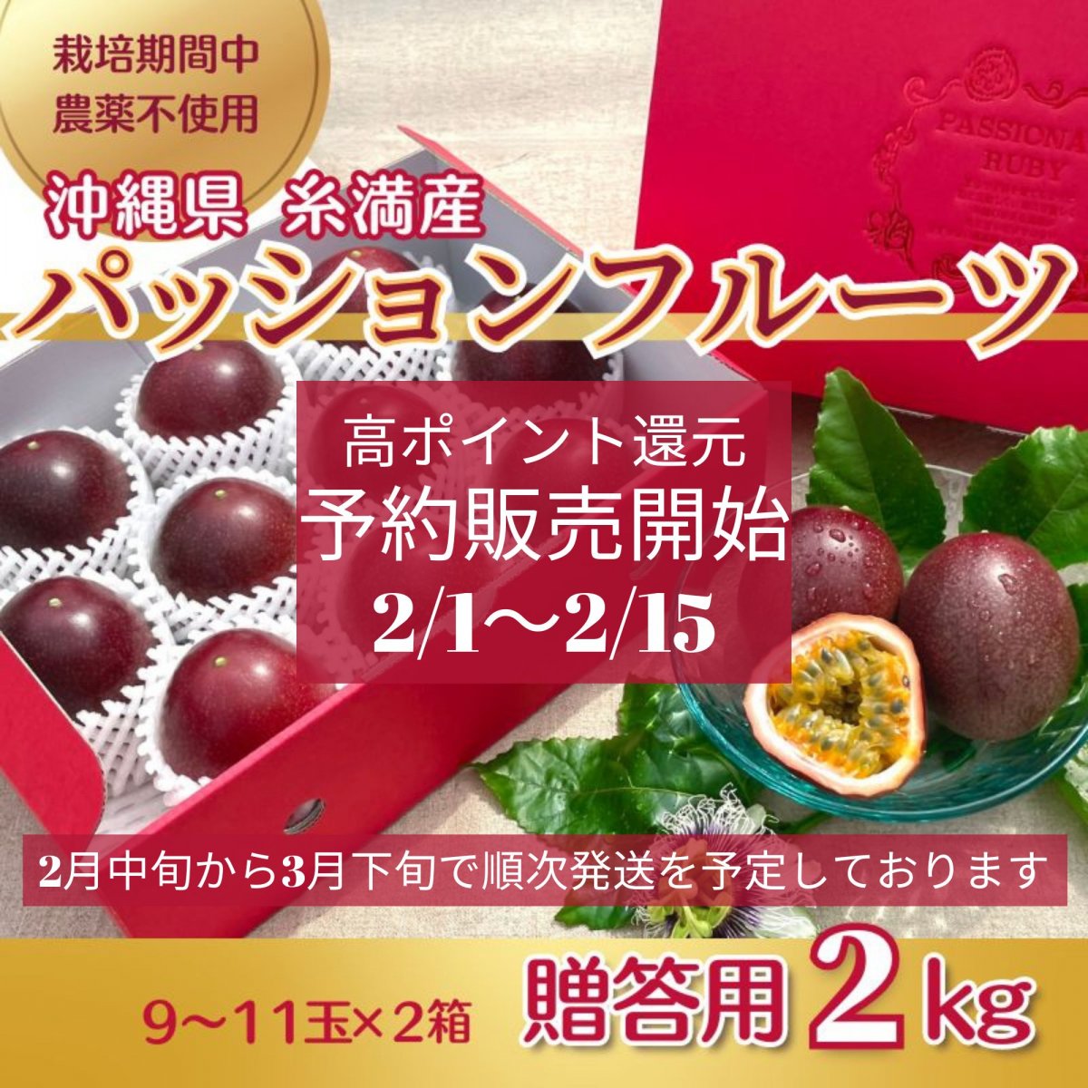 【予約販売】【贈答用2ｋｇ】【送料無料　2/15までの高ポイント還元】沖縄糸満産　高級無農薬パッションフルーツ　1ｋｇ（9玉〜11玉）×2箱
