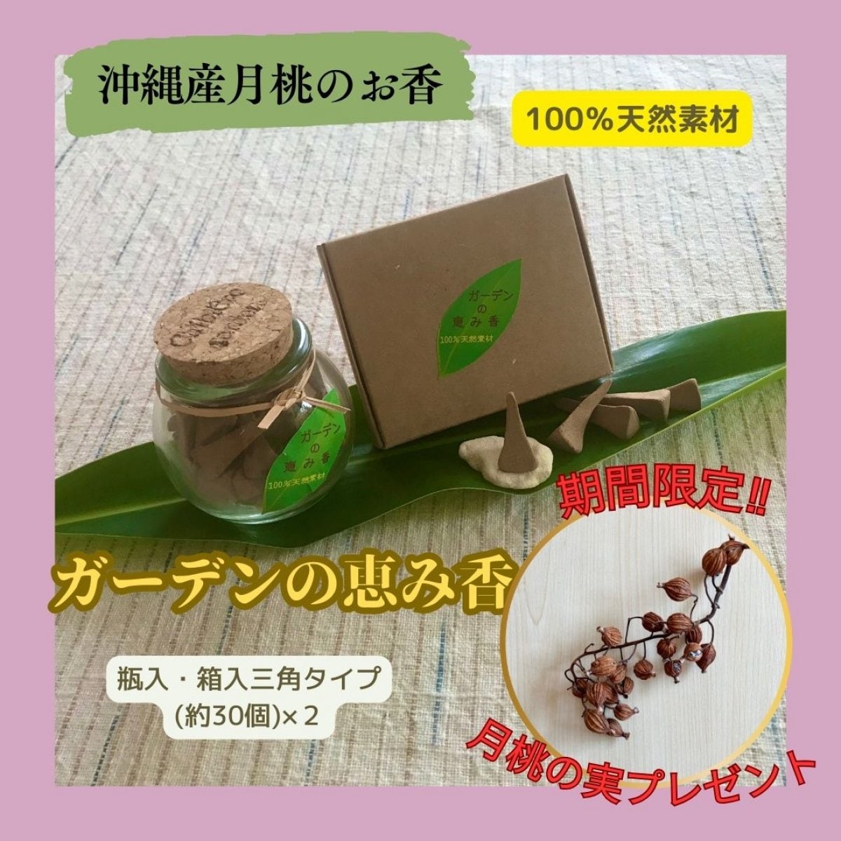 期間限定‼月桃の実プレゼント！【瓶＋箱入・三角タイプ】ガーデンの恵み香15g(約30個)×2/沖縄生まれ100%天然素材・月桃のお香(麻炭入り) ※高ポイント還元