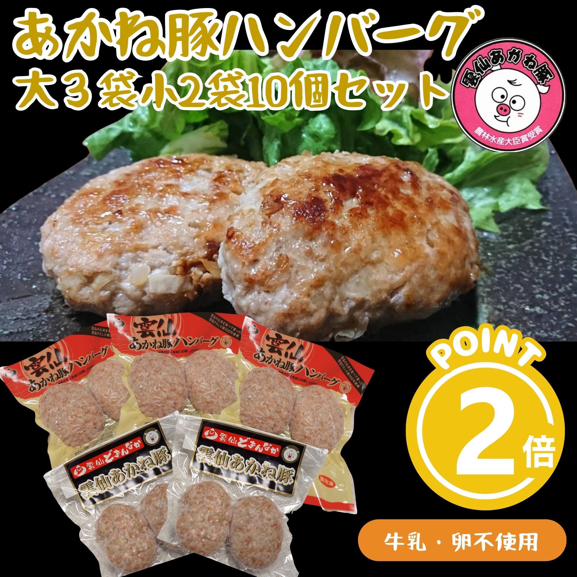 ジューシー！ハンバーグ大3袋小2袋 計10個セット・雲仙あかね豚【卵