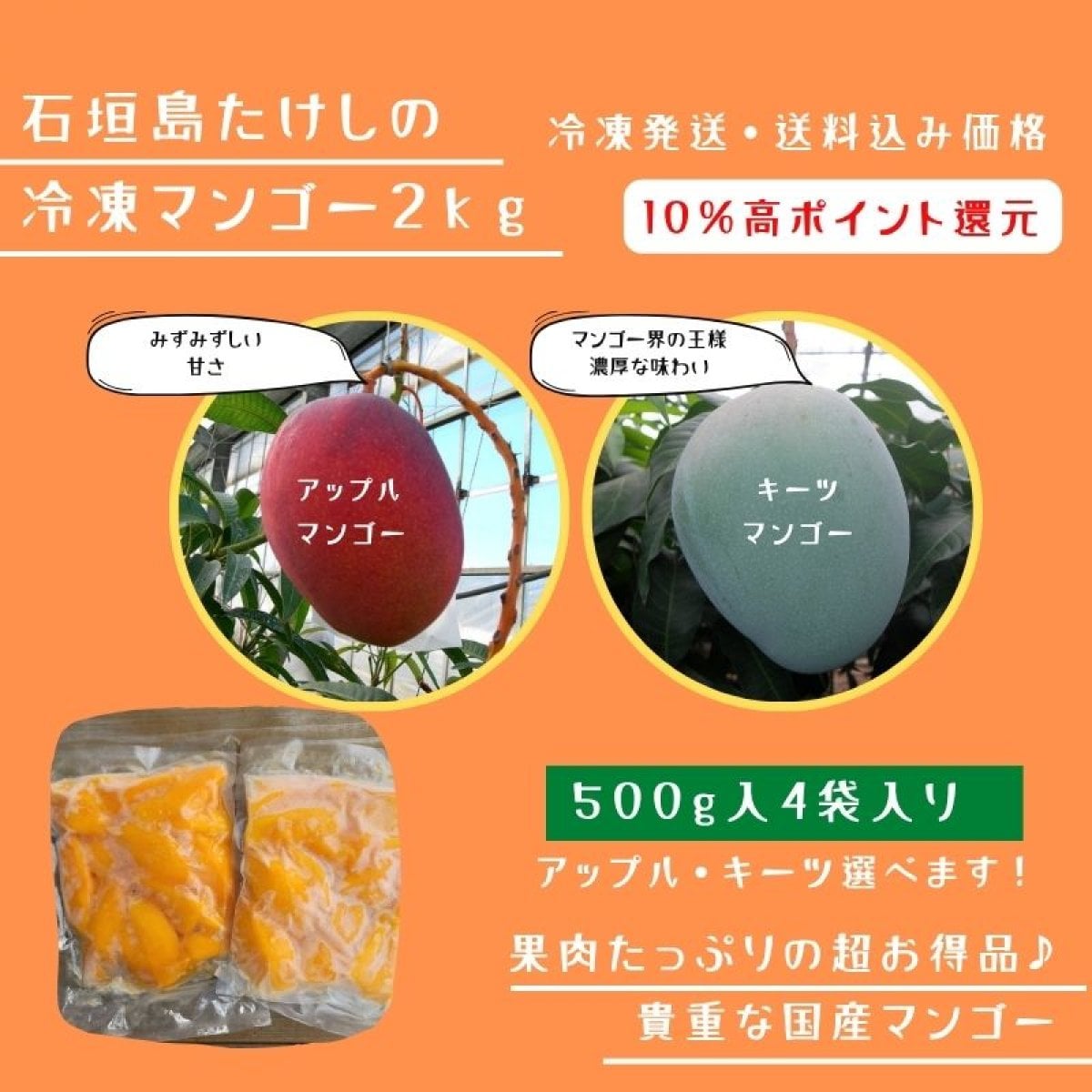 ＜冷凍＞石垣島たけしのマンゴー 2kg(500g×4袋)|アップル・キーツ選択可｜10%高ポイント還元