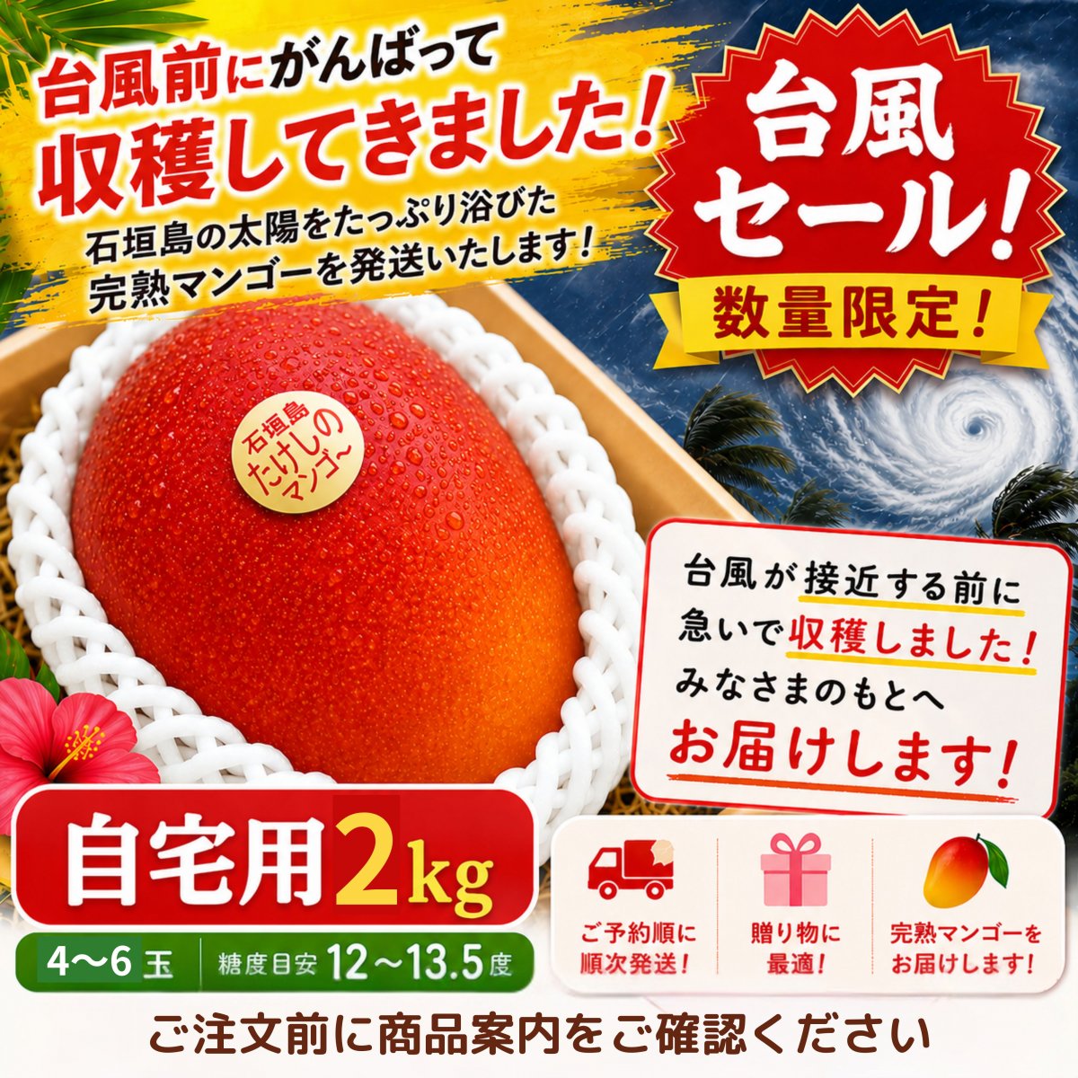 台風セール🥭＜自宅用＞2㎏（4〜5玉）石垣島たけしのマンゴー【冷蔵