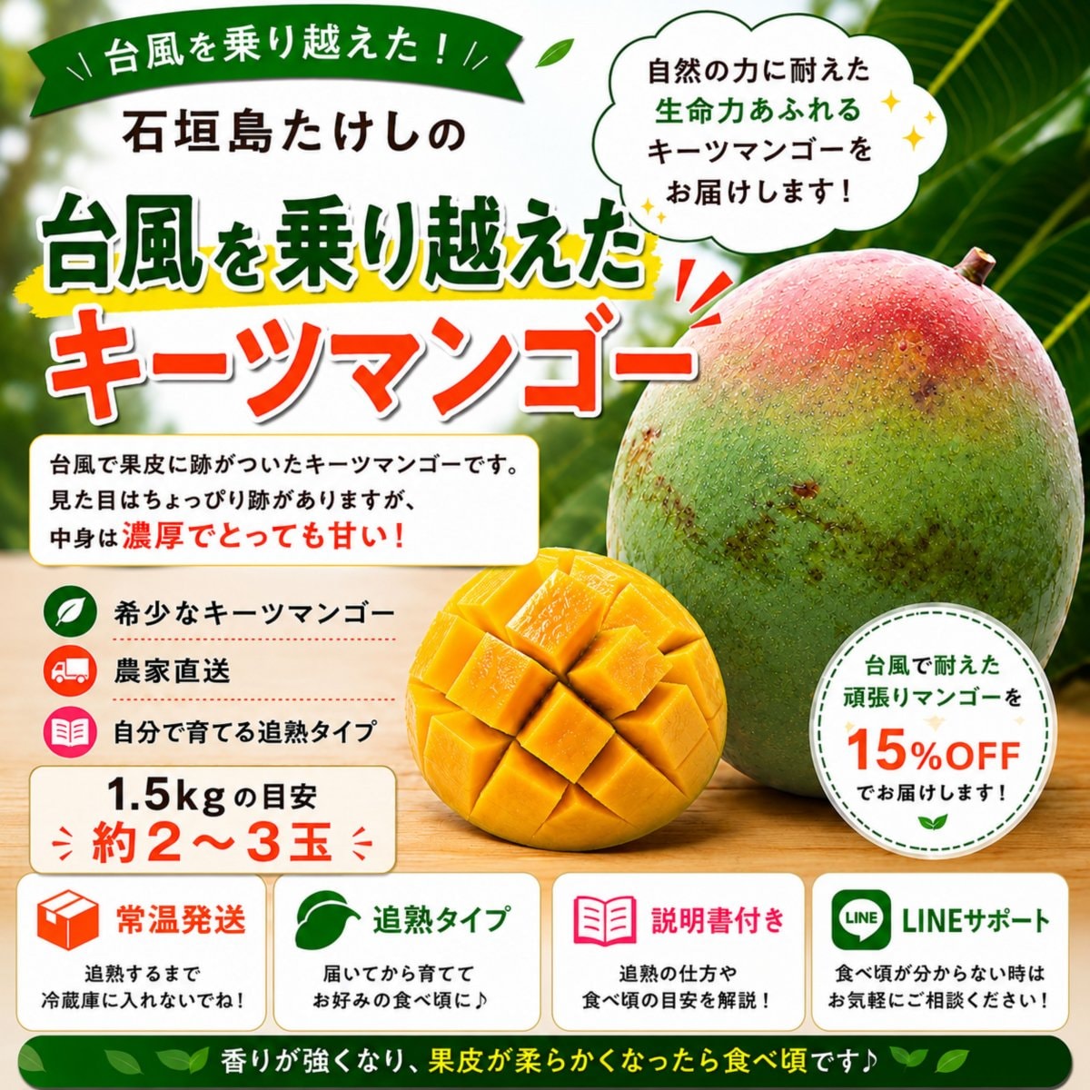 頑張りキーツ！1.5㎏(2〜3玉)/石垣島たけしの子育てキーツマンゴー／※支払い方法は商品概要をよくご覧ください