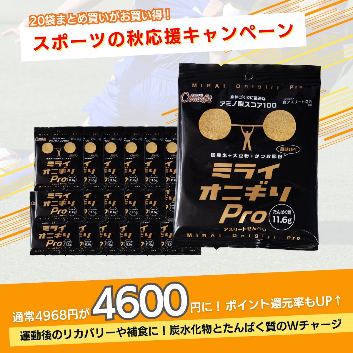 【スポーツの秋 応援キャンペーン】お米で作ったプロテインチップス〈MIRAI Onigiri Pro ミライオニギリプロ〉20袋入り　20％OFF　1袋30g／アミノ酸スコア100・たんぱく質11.6 g