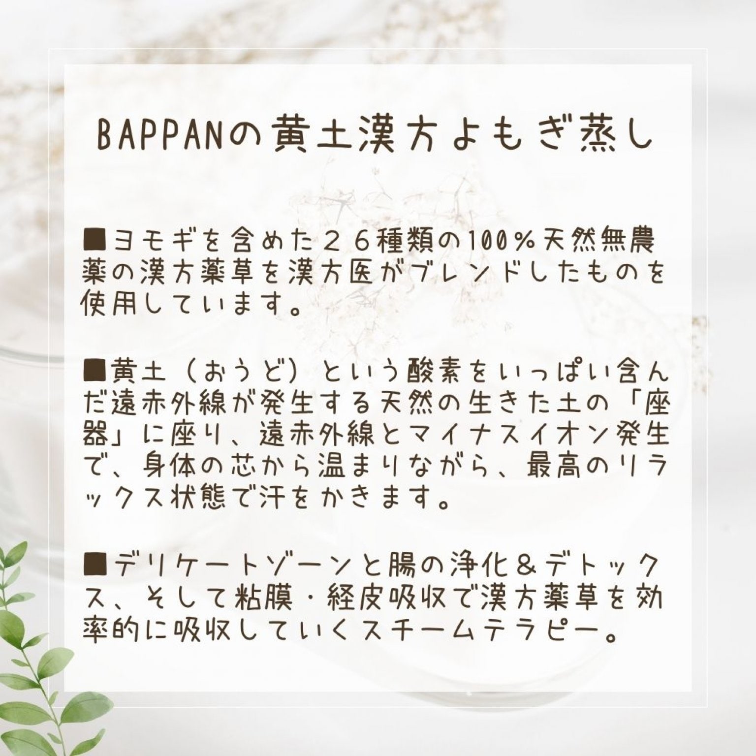 BAPPAN黄土漢方よもぎ蒸し　〜1回4,000円チケット〜
