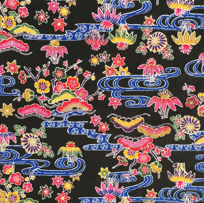 紅型プリント生地 / 黒 / 約108cm幅×100cm〜】 松 竹 梅 流水