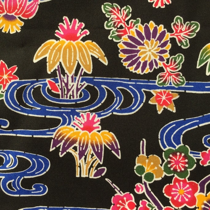 紅型プリント生地 / 黒 / 約108cm幅×100cm〜】 松 竹 梅 流水