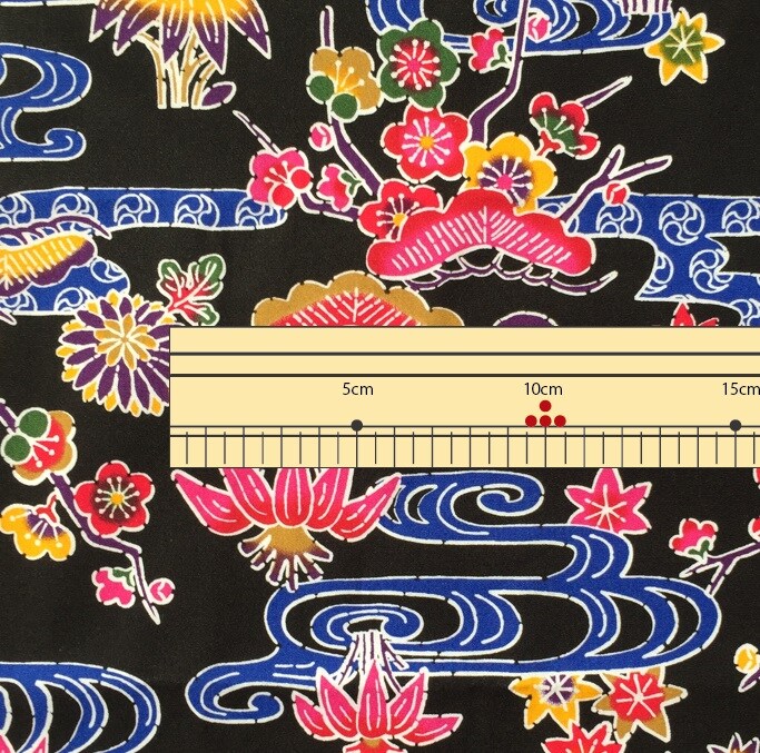 紅型プリント生地 / 黒 / 約108cm幅×100cm〜】 松 竹 梅 流水