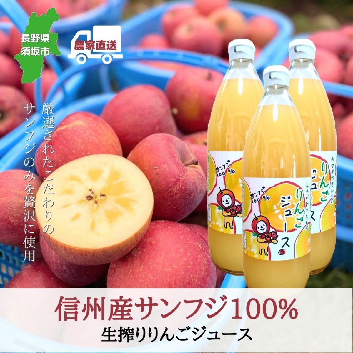 【先行割引中】信州産サンふじ100％りんごジュース（2本セット）