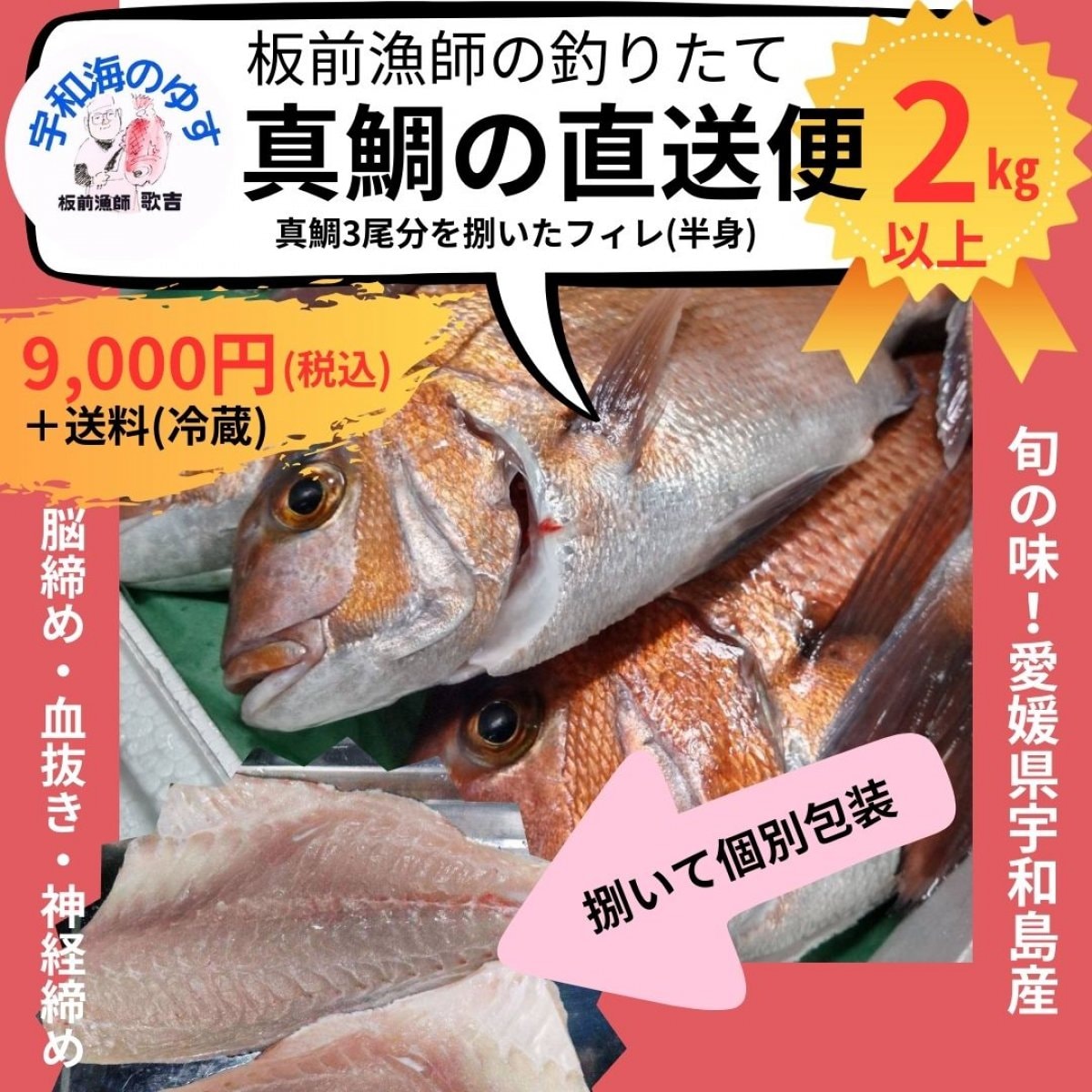 釣りたて真鯛フィレ2㎏以上【約3尾分/6枚】/愛媛県宇和島産/板前漁師が捌いて贈る