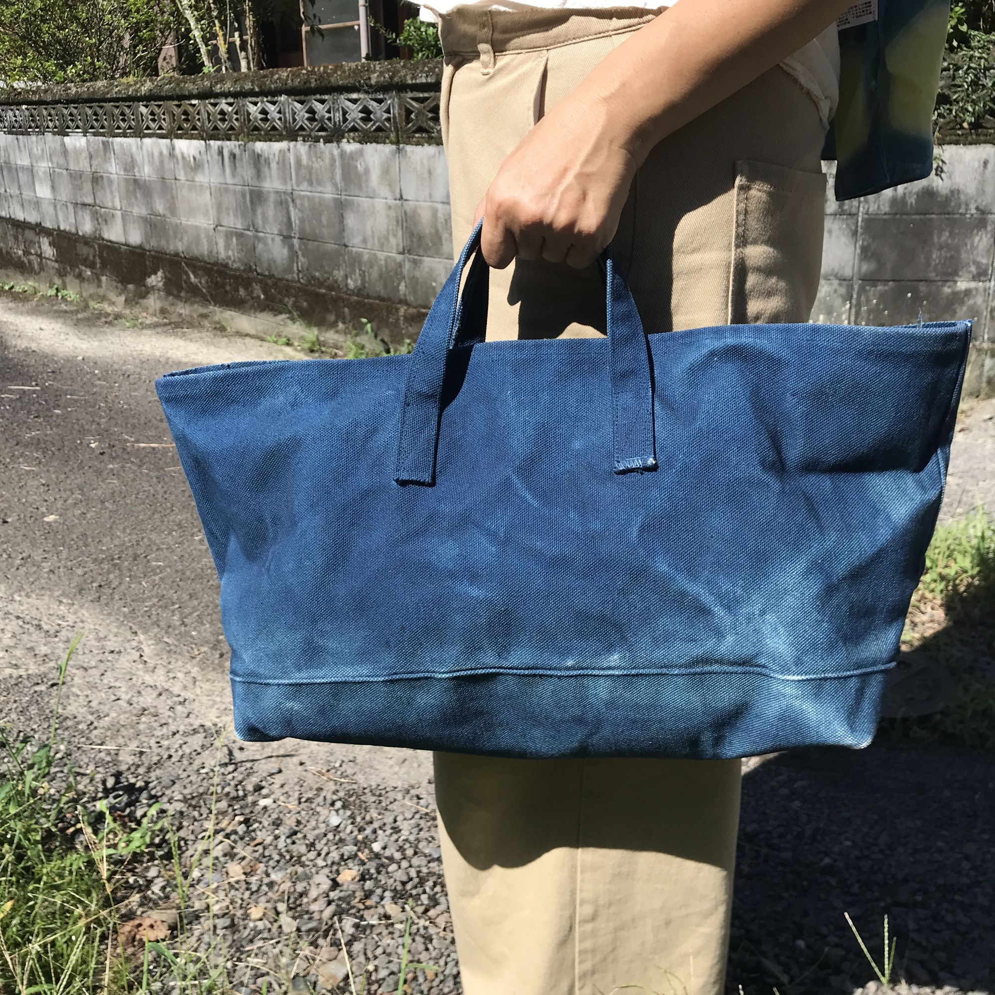 高ポイント】完全1点物 ワイドトートバッグ 藍染キャンバス