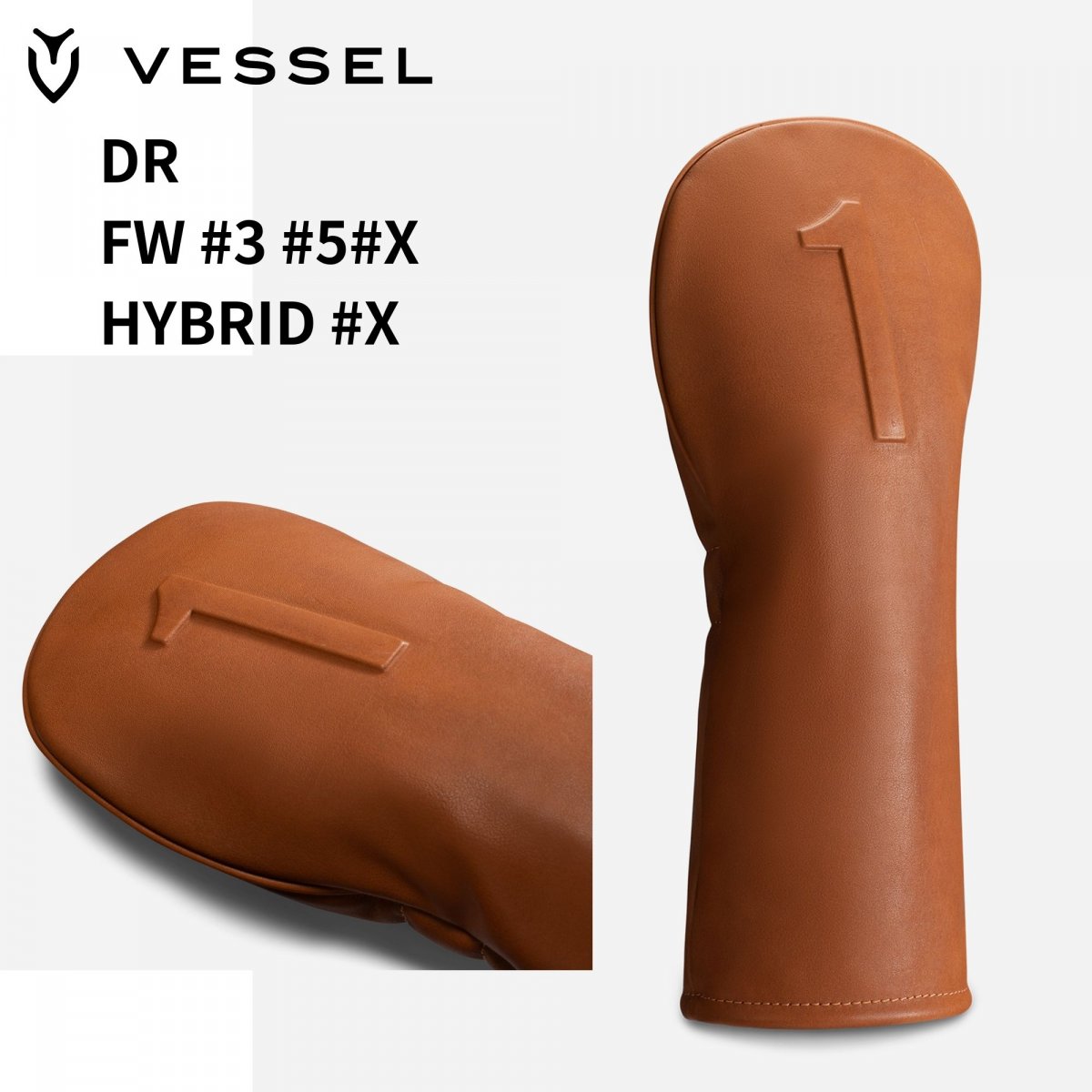 VESSEL LUX HEADCOVER EMBOSSED（HC1123） SMOOTH BROWN DR/FW/HYBRID(UT)―ベゼル ラックス ヘッドカバー エンボス スムースブラウン｜フェアウェイウッド｜ユーティリティ｜ハイブリッド