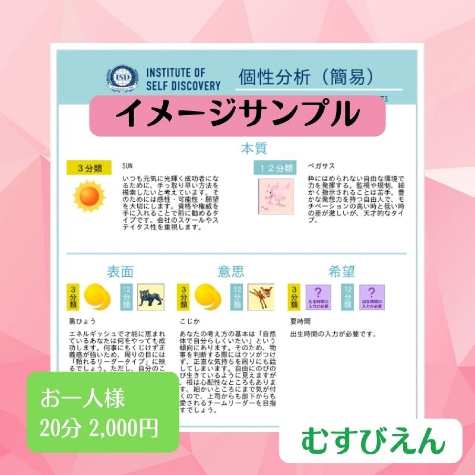 ISD個性心理学個性分析　お一人様20分2000円