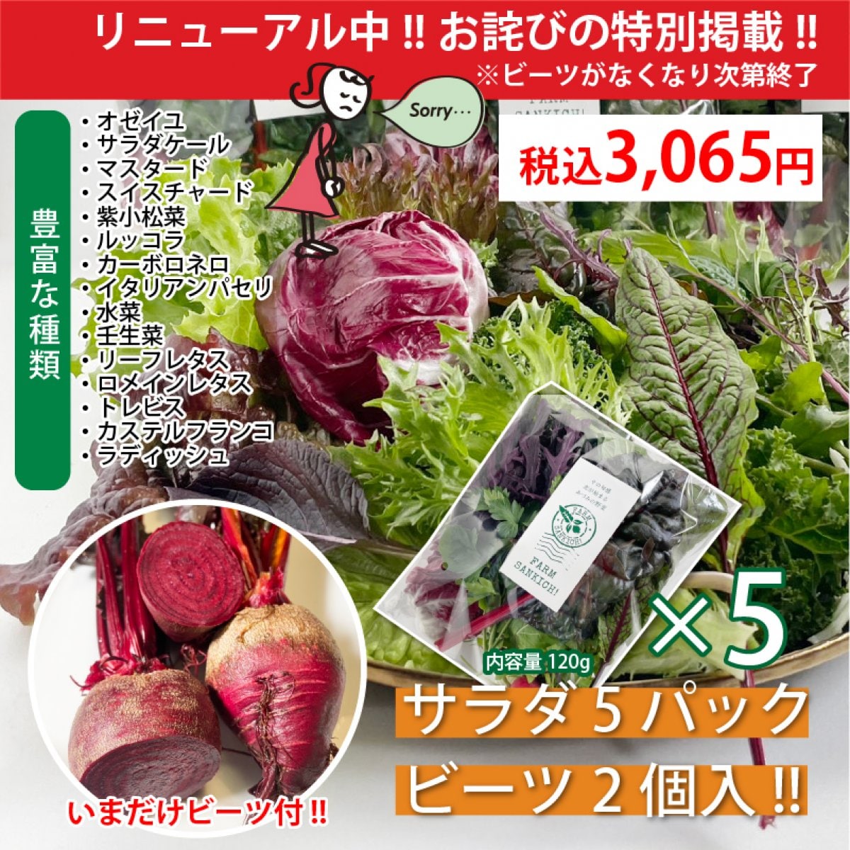 つちかなサラダ5パック+今だけビーツ2個セット(送料込み)