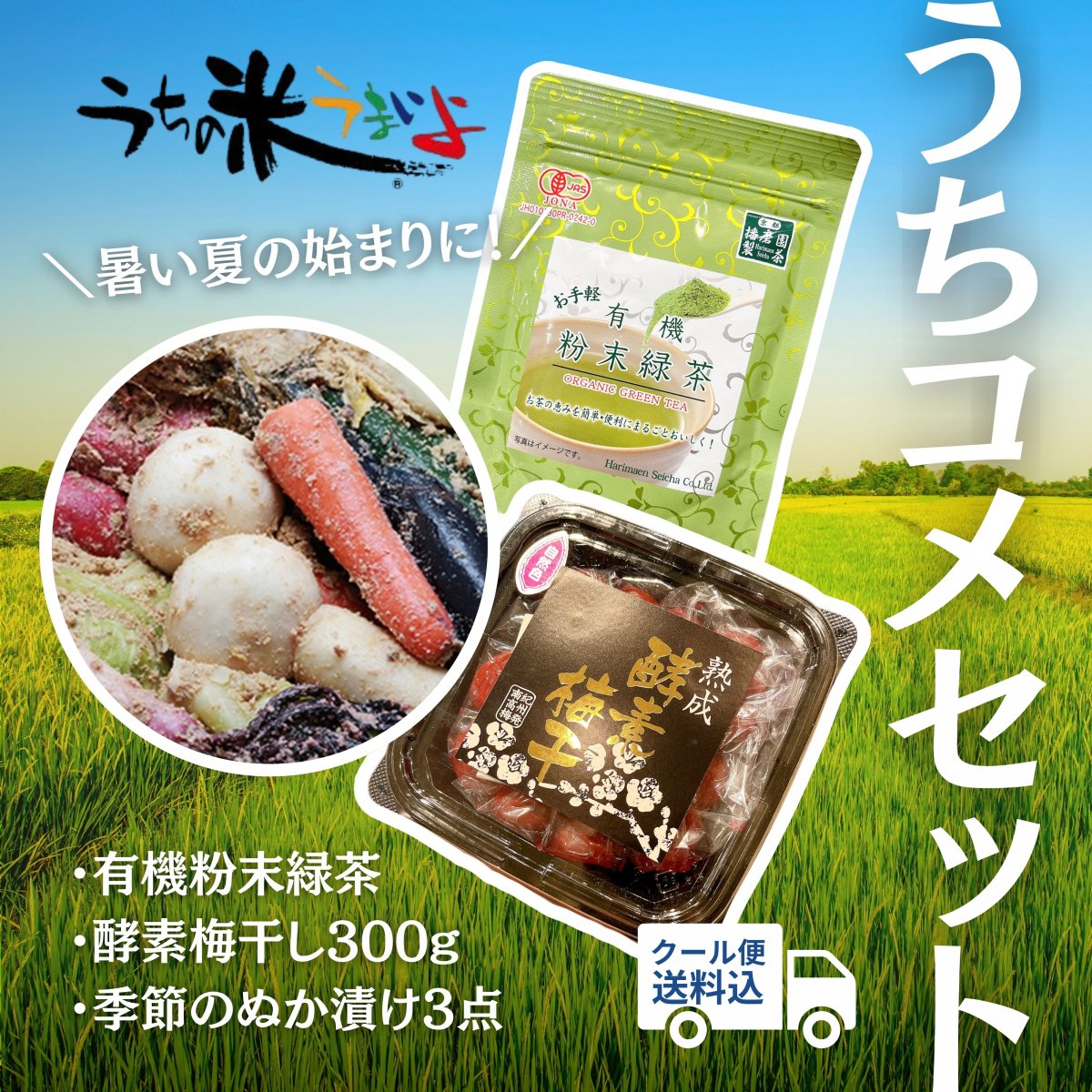 うちコメおすすめ3点セット（有機粉末緑茶 ・酵素梅干し300g ・季節のぬか漬け3点）