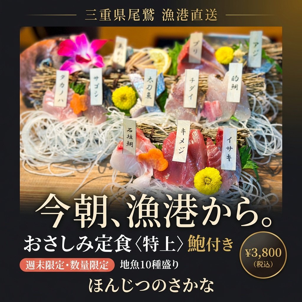 尾鷲地魚と鮑の特上刺身定食（さしみ10種と鮑付き）