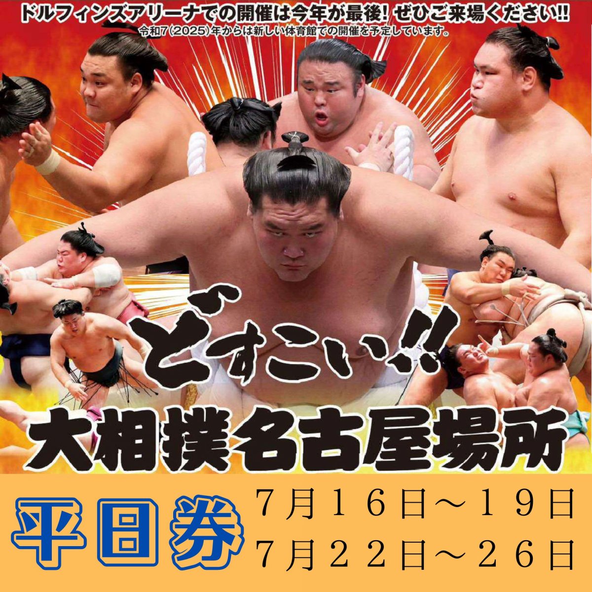 全日イスS席完売！【中日新聞販売店先行販売：特典付き！】令和6年大相撲名古屋場所・平日開催分　愛知県体育館（ドルフィンズアリーナ）（愛知県）　2024/7/14(日)〜7/28(日)開催　2024/3/19(火)抽選開始　2024/5/13(月)受付締切