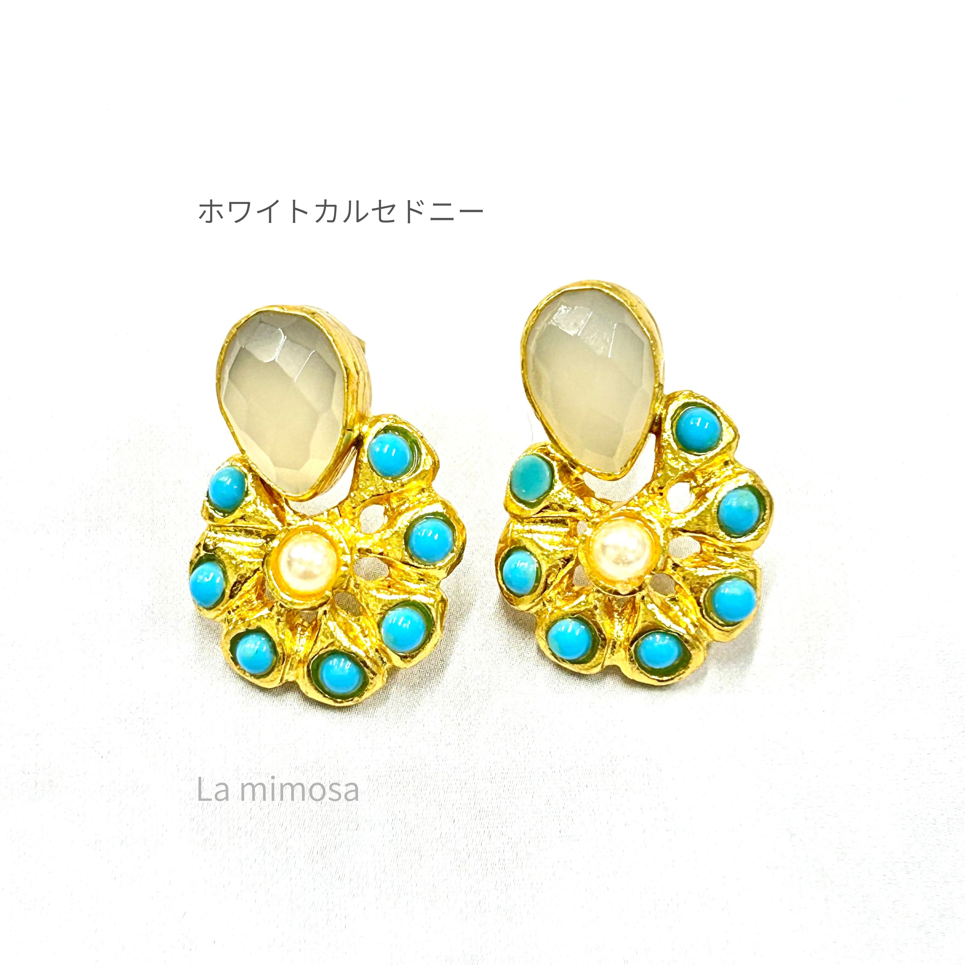 天然石ピアス ホワイトカルセドニー MIMOZZAミモッザ