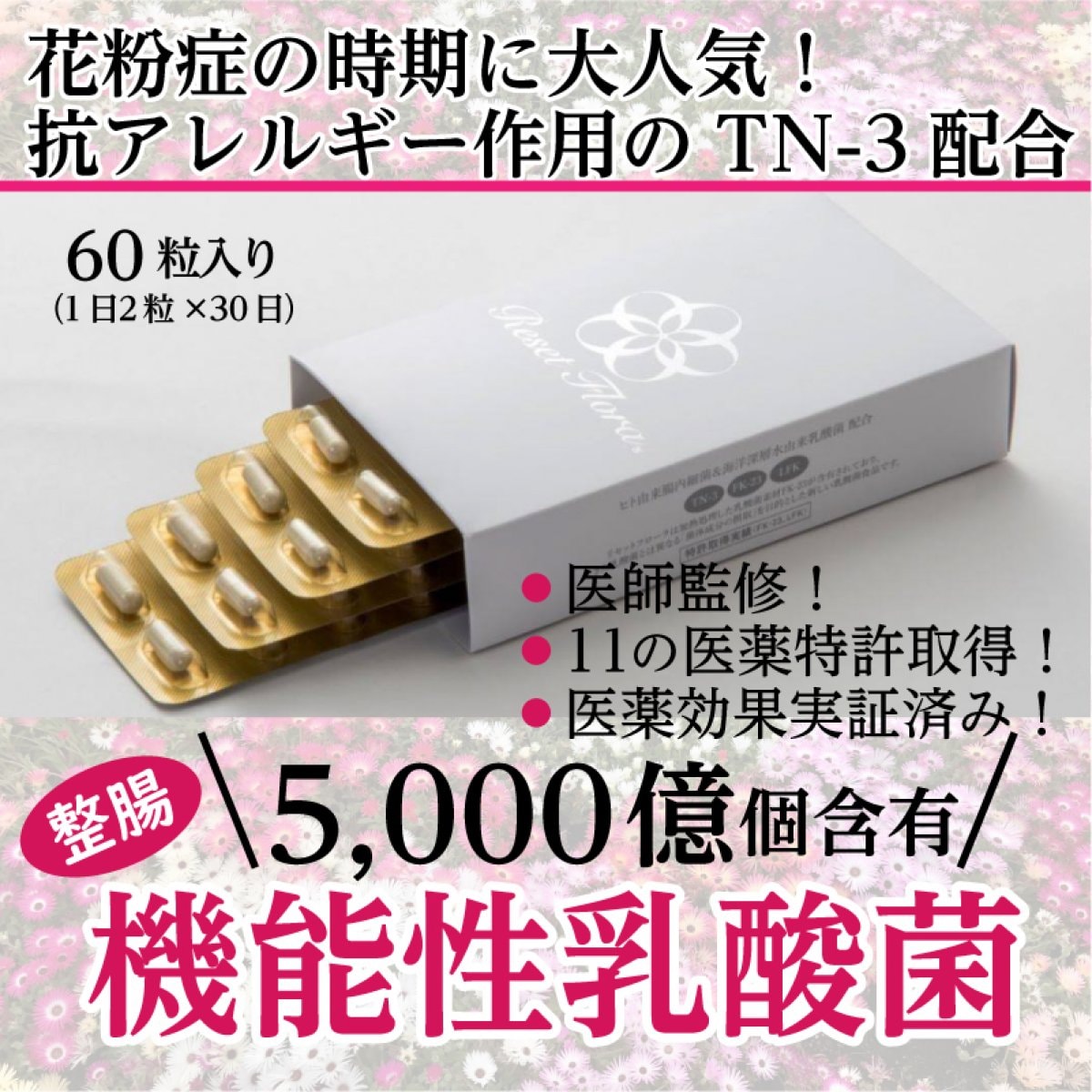 ＜送料無料＞花粉症対策に！【機能性乳酸菌】60粒　整腸/アトピー改善/肺炎予防/シミ対策に医薬効果実証済み！