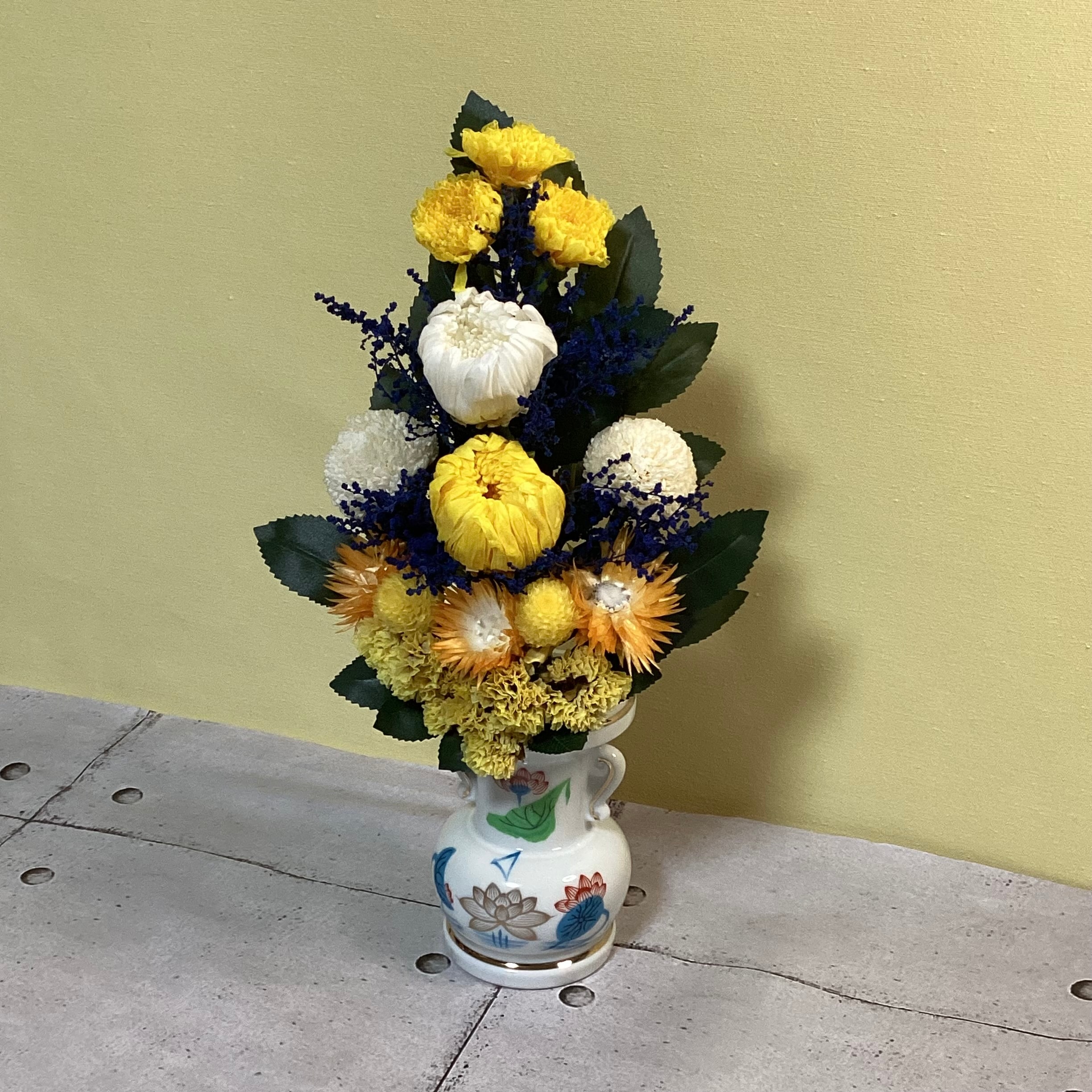 仏花プリザーブドフラワー 仏花 プリザーブドフラワー 白菊 花器付 ピンクお花 お供え お悔やみ