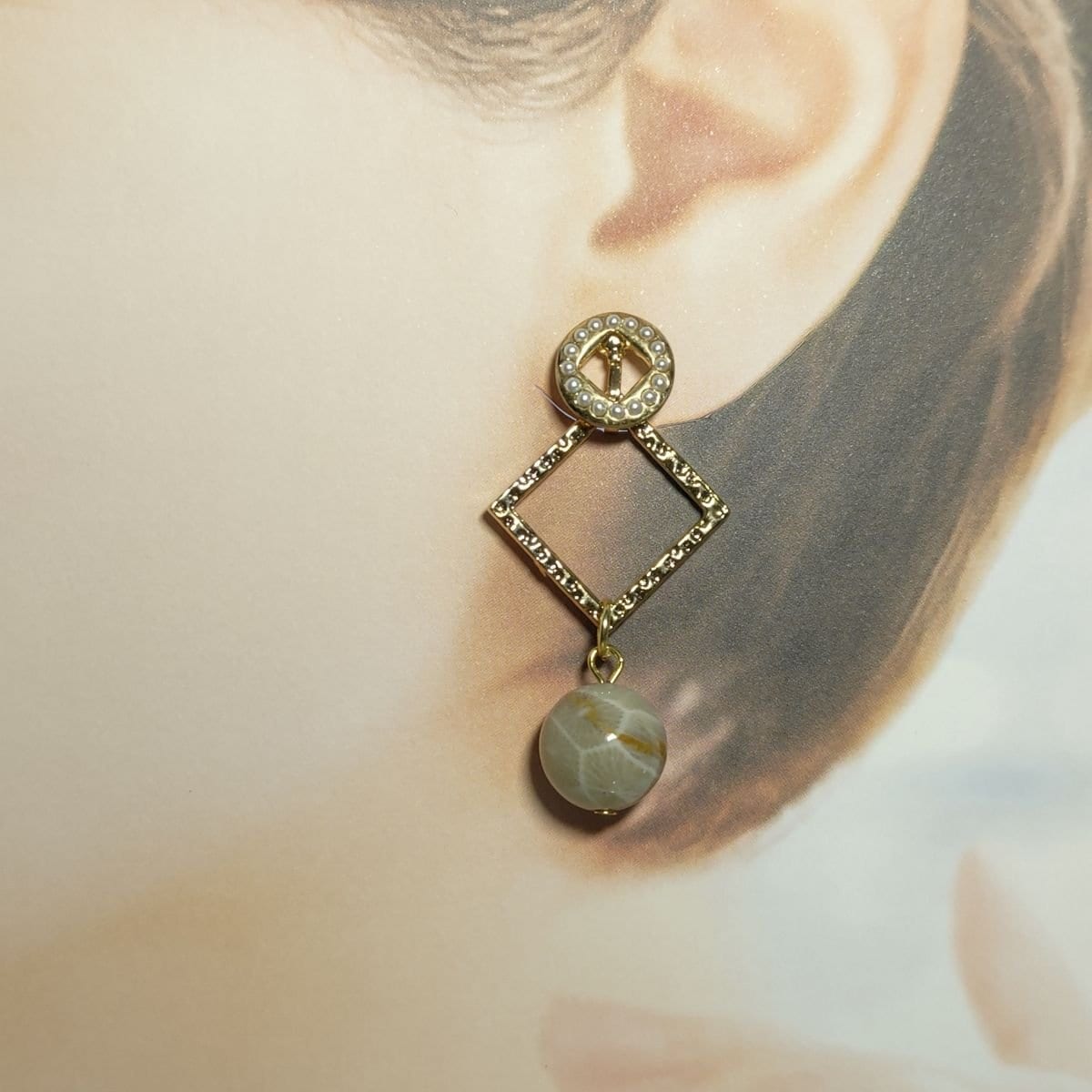 高還元!大人可愛い２WAY化石珊瑚イヤリング/一点もの/天然石イヤリング/フォシルコーラル/金具交換不可/プレゼント