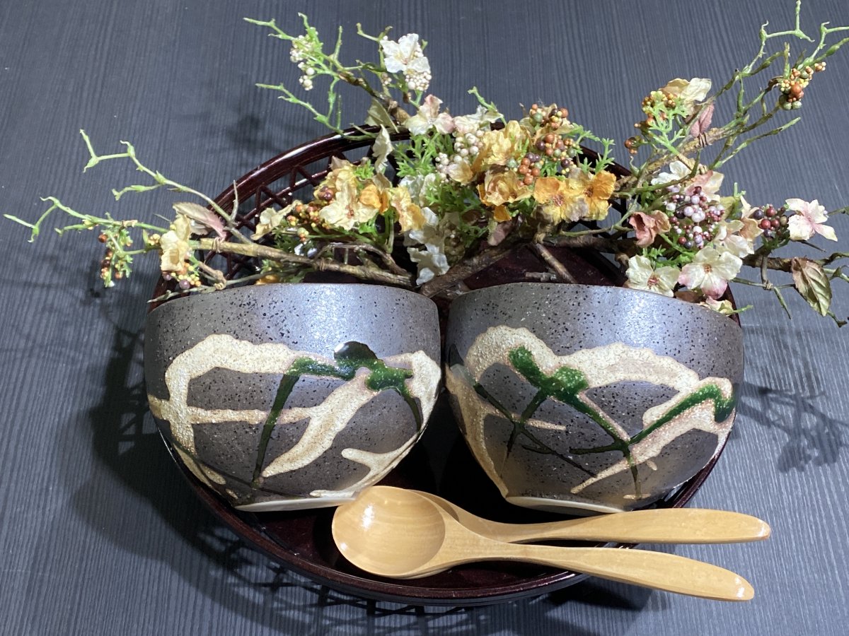 【木製スプーン2個付】織部乱ビードロまんまる碗2個セット