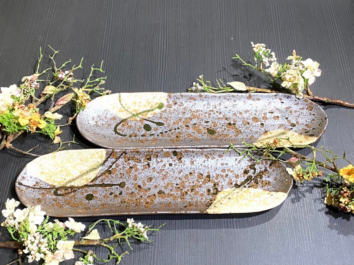 【人気商品】織部乱ビードロ楕円長皿