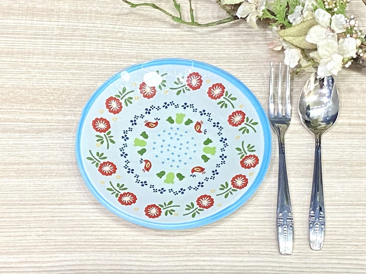 小さな小鳥のガラス製ケーキ皿15cm