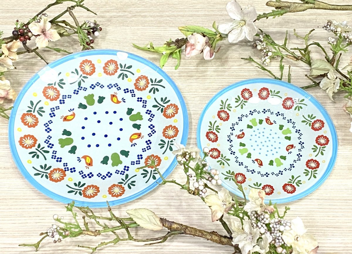 ガラス製　小さな小鳥の小皿12cmとケーキ皿15cmの2枚セット