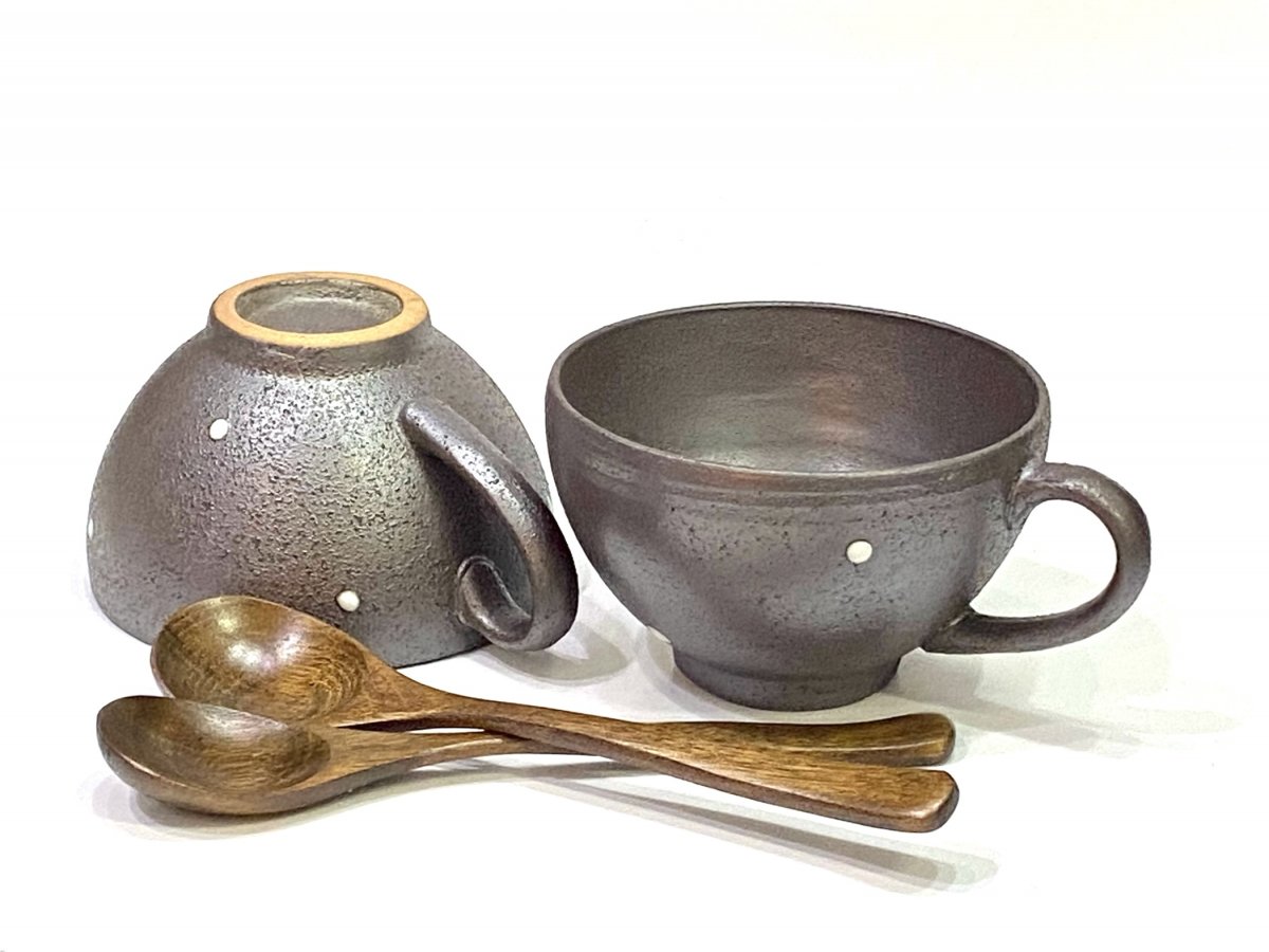 【本州送料込み】【木製スープスプーン2個おまけ付き】土もの 鯖白点 スープカップ2個セット