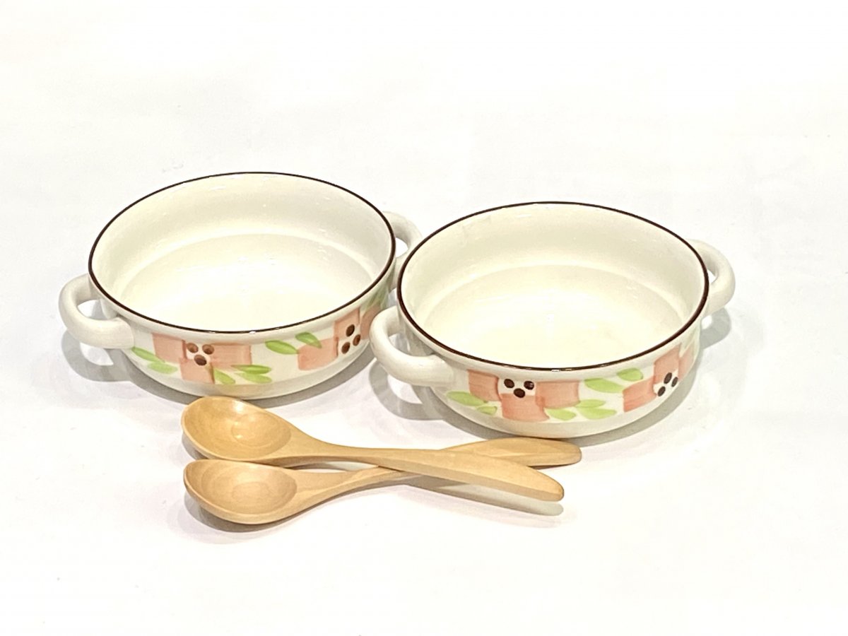 【耐熱】手描きスープ＆シチュー&グラタン2個セット(木製スープスプーン2個サービス)