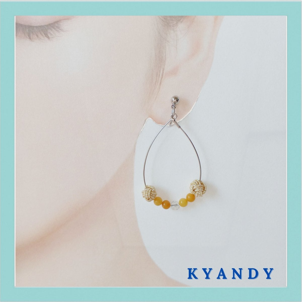 イヤリングしずく型フープ水引玉結びゴールド/琥珀水晶【ピアスに変更できます】