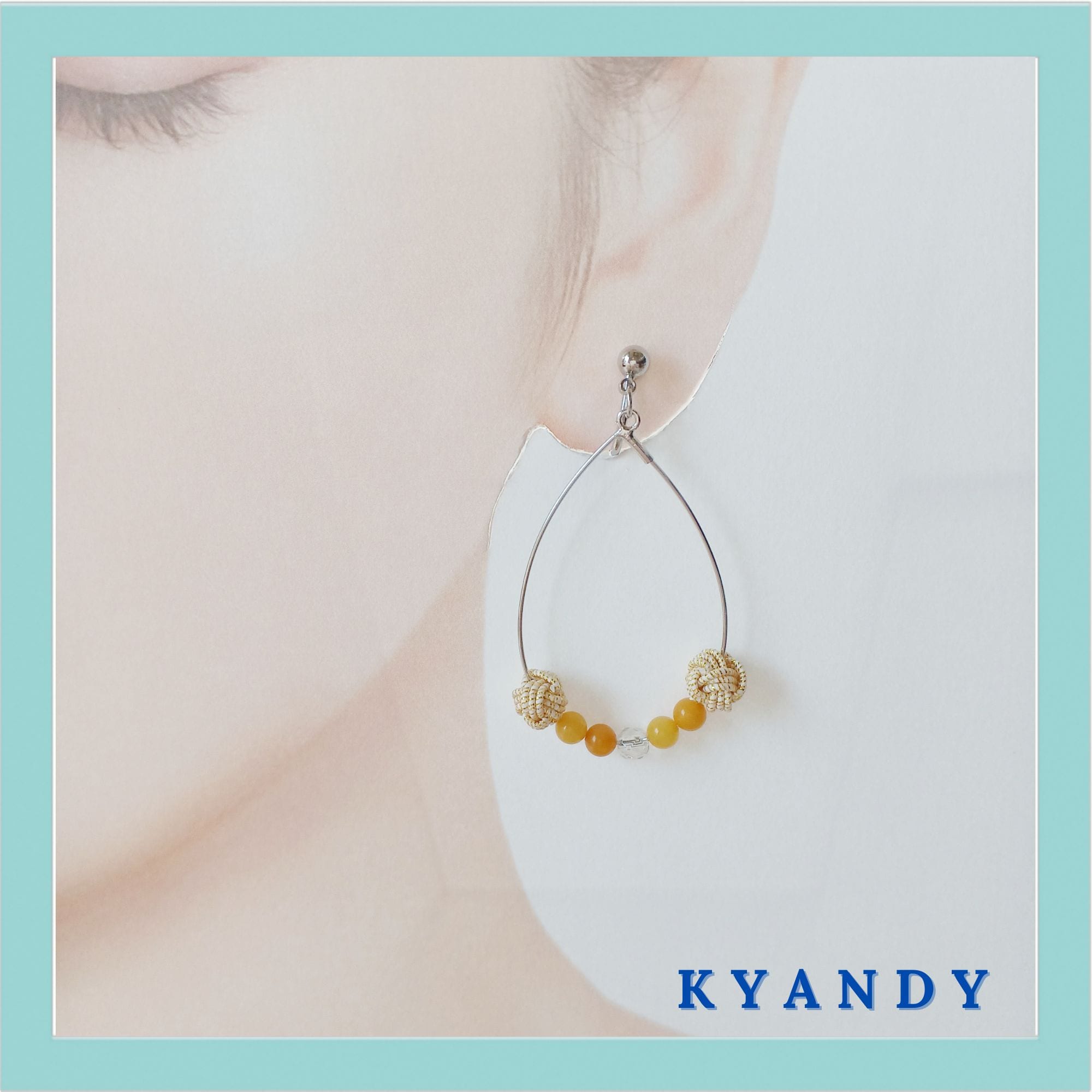 イヤリングしずく型フープ水引玉結びゴールド/琥珀水晶【ピアスに変更