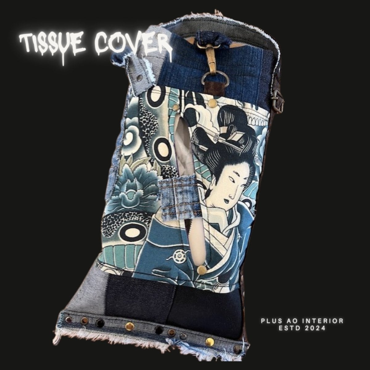 浮世絵柄の箱ティッシュカバー　芸者　デニム