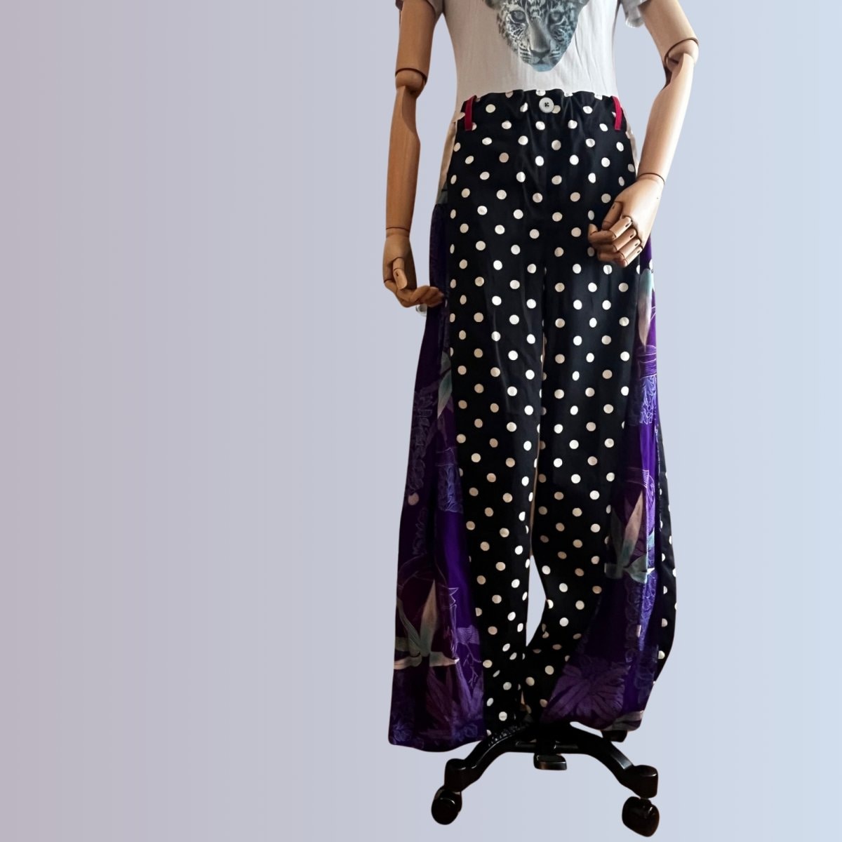 【切り替えワイドパンツ】POPと着物のスポーツ配色　水玉　着物リメイク