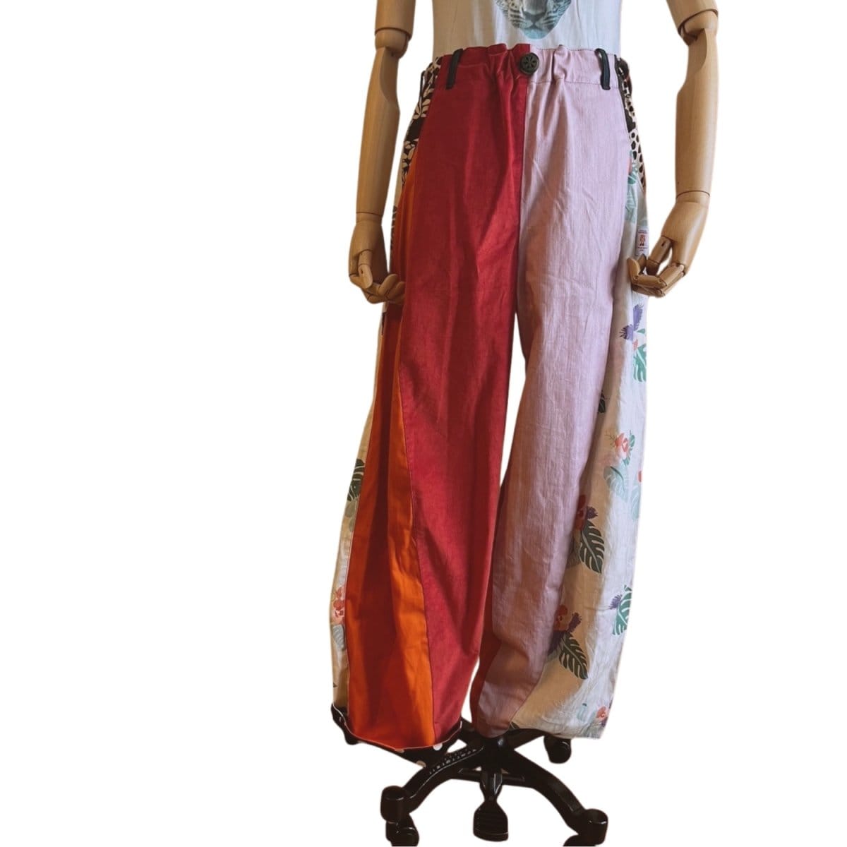 【切り替えワイドパンツ】トロピカルとサファリとボタニカルなパンツ　ハーフリネン　豹