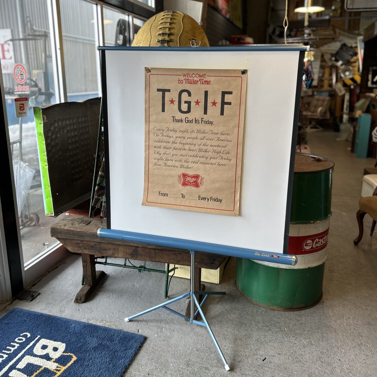 Vintage Da-Lite Flyer Projection Screen & Miller High Life